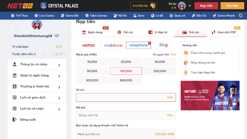 Đọc kỹ lưu ý khi nạp tiền Net88