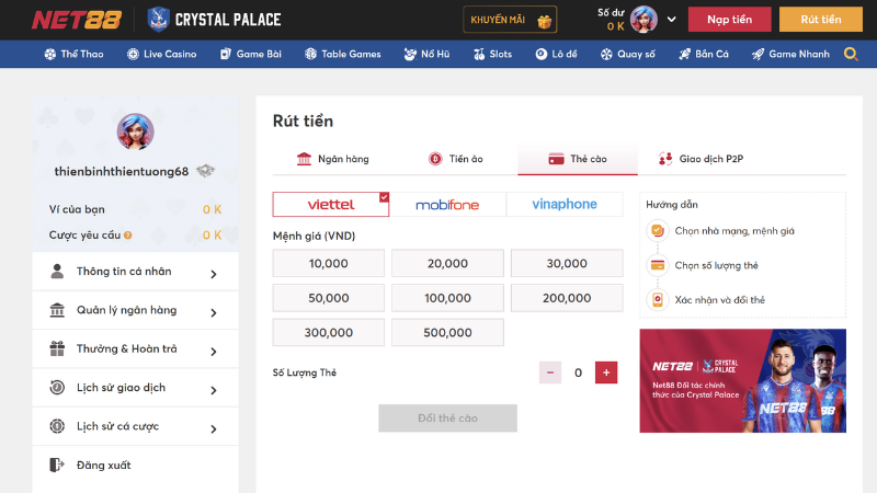 Rút tiền Net88 qua thẻ cào điện thoại